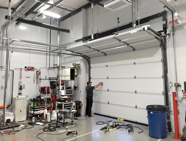 East Hampton Garage Door Repair certified technician performing commercial door repair at a East Hampton business facility