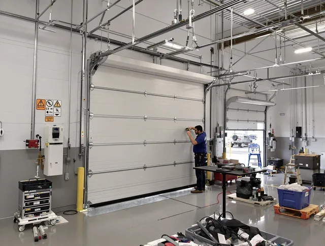 Commercial garage door repair being performed by East Hampton Garage Door Repair expert in East Hampton