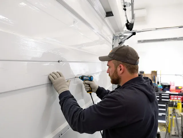 East Hampton Garage Door Repair technician demonstrating precision dent removal techniques on a East Hampton garage door