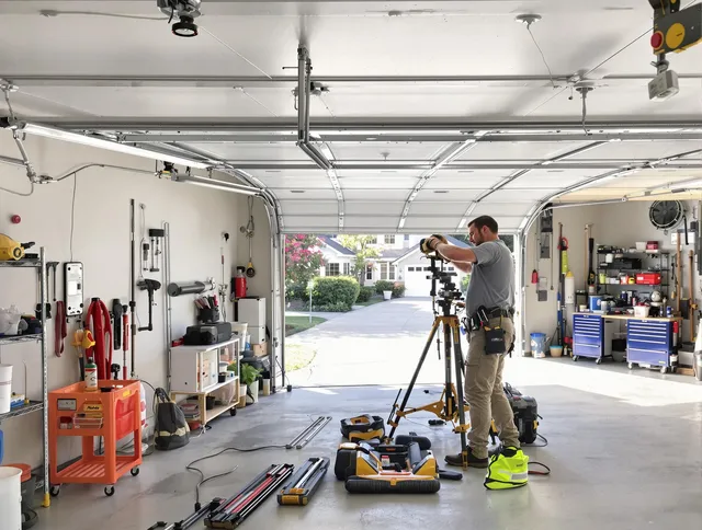 East Hampton Garage Door Repair specialist performing laser-guided track alignment in East Hampton